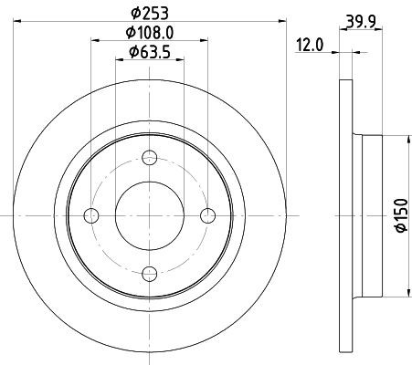 HELLA 8DD 355 126-611 Brake disc 253x12mm, 04/04x108, solid, Coated