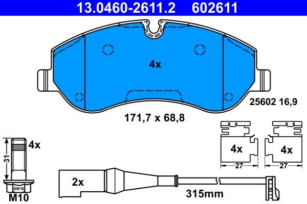 13.0460-2611.2 Set of brake pads 602611 ATE incl. wear warning contact, with brake caliper screws, with accessories