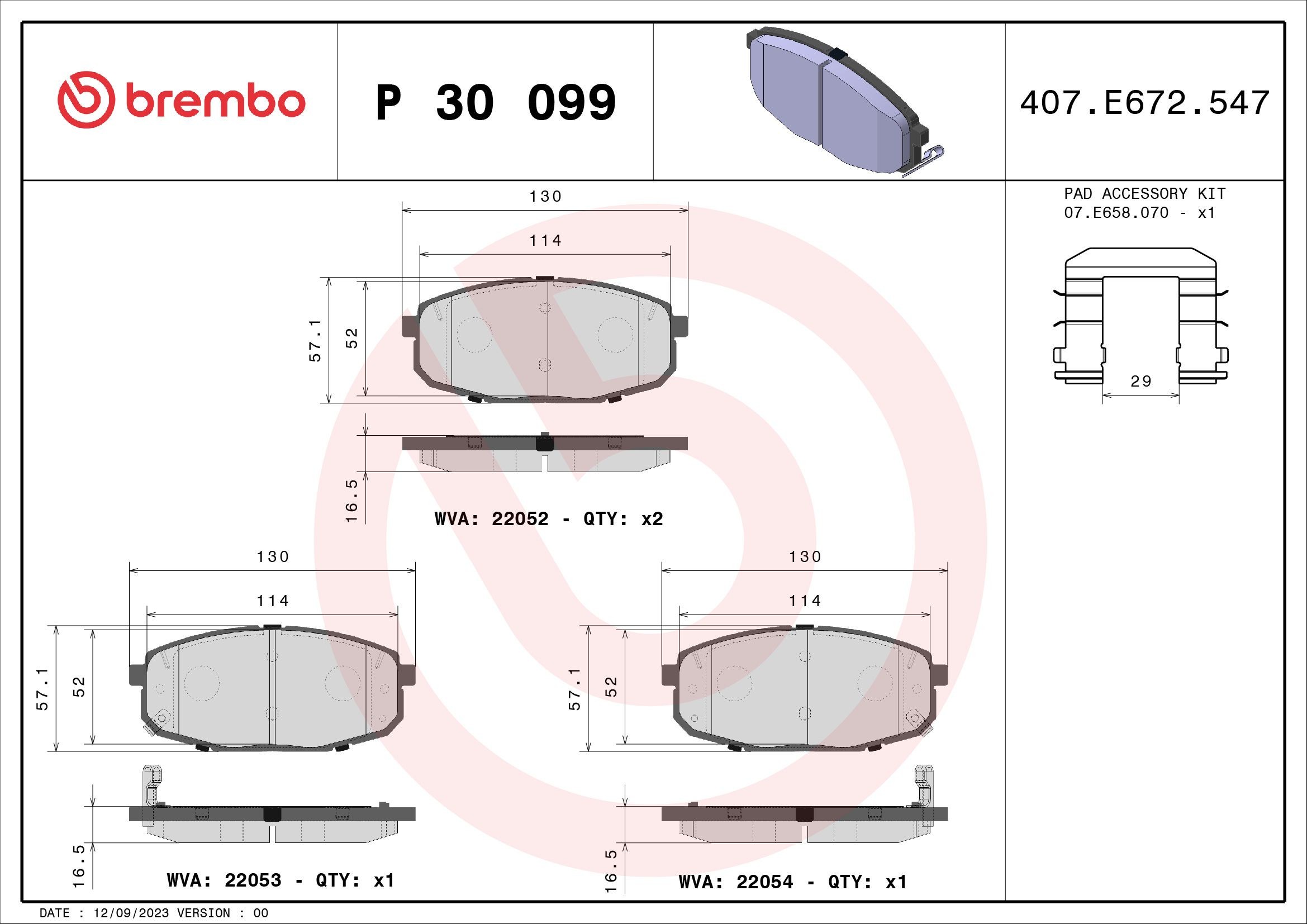 22053 BREMBO P30099 Brake pad set 58101 M0A10