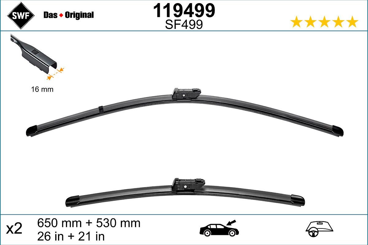 SF499 SWF 650, 530 mm Front, Flat wiper blade, with spoiler, for left-hand drive vehicles Styling: with spoiler, Left-/right-hand drive vehicles: for left-hand drive vehicles Wiper blades 119499 buy