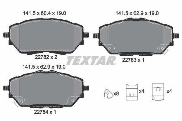 22782 TEXTAR with acoustic wear warning, with accessories Height 1: 60,4mm, Height 2: 62,9mm, Width: 141,5mm, Thickness: 18,4mm Brake pads 2278201 buy