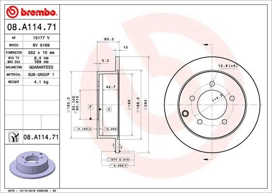 BREMBO 08.A114.71 Brake rotor 262x10mm, 5, solid, Coated