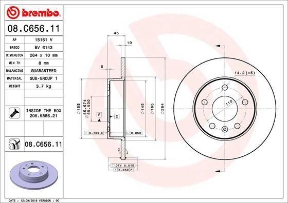BREMBO 08.C656.11 Brake disc 264x10mm, 5, solid, Coated
