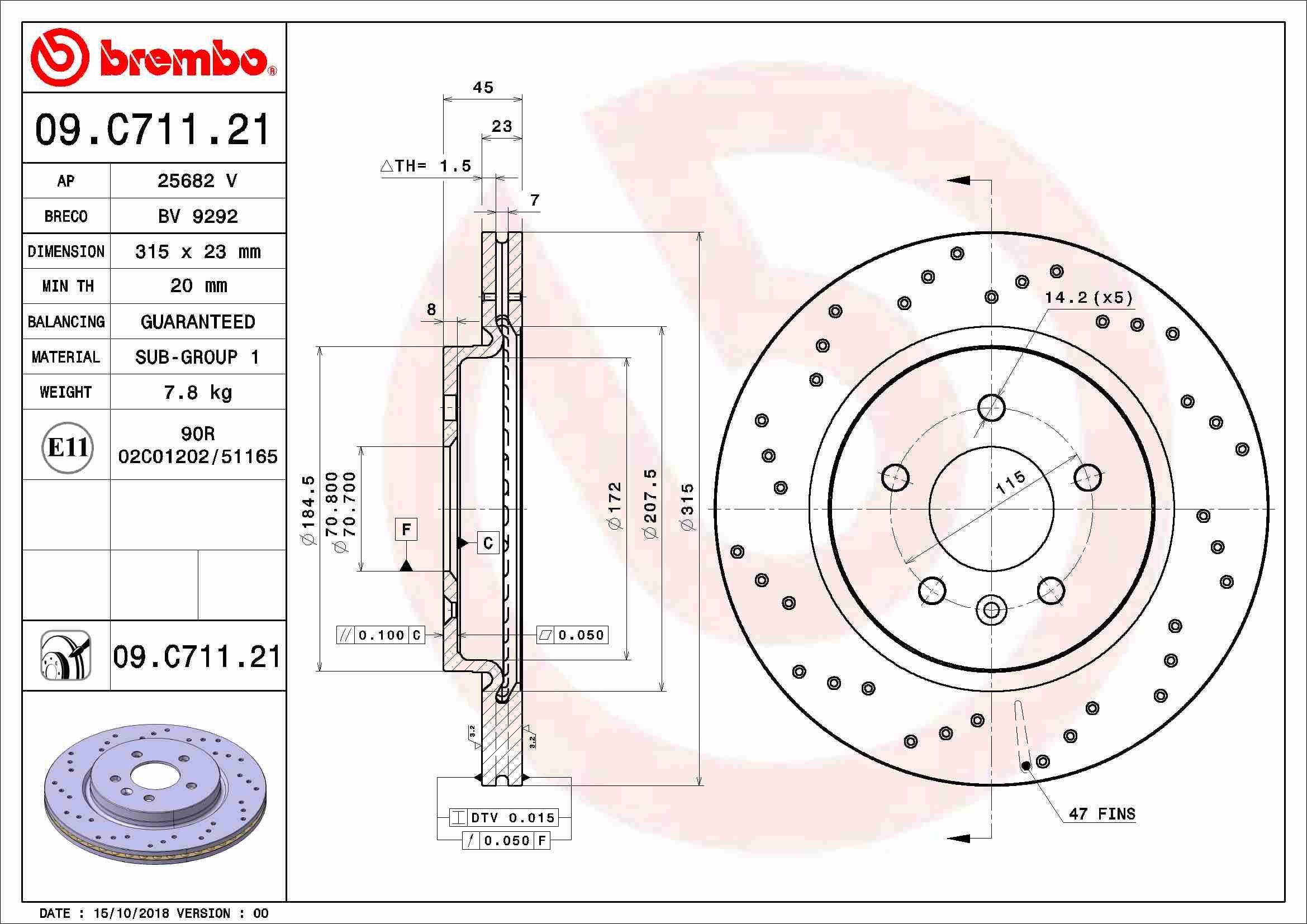 BREMBO 315x23mm, 5, perforated/vented, Coated Ø: 315mm, Num. of holes: 5, Brake Disc Thickness: 23mm Brake rotor 09.C711.21 buy