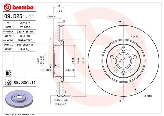 BREMBO 09.D251.11 Brake discs VOLVO V90 Estate 2014 price