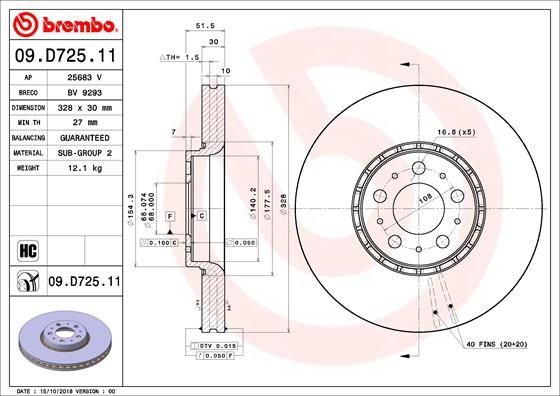 BREMBO 09.D725.11 Brake disc 328x30mm, 5, internally vented, Coated, High-carbon