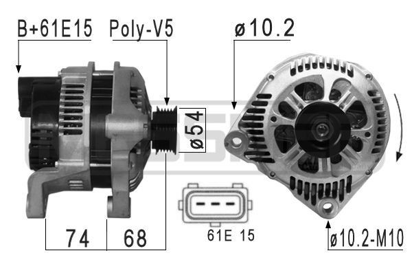 ERA 210868A Alternator 14V, 120A, B+61E15, Ø 57 mm