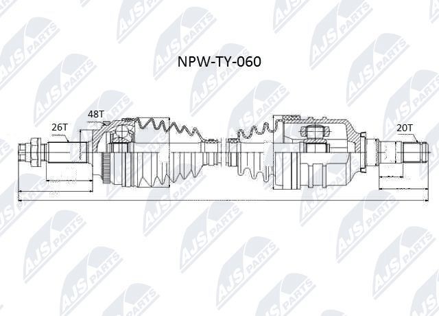NTY Front Axle Left, 650mm Length: 650mm, External Toothing wheel side: 26, Number of Teeth, ABS ring: 48 Driveshaft NPW-TY-060 buy