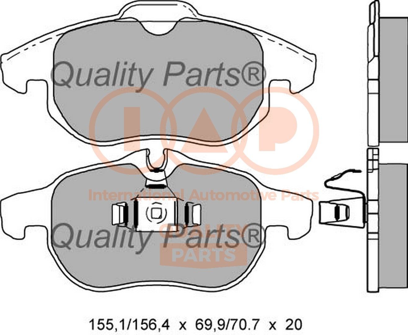 IAP QUALITY PARTS Front Axle Height 1: 69,9mm, Height 2: 70,7mm, Width 1: 155mm, Width 2 [mm]: 156,1mm, Thickness 1: 20mm, Thickness 2: 20mm Brake pads 704-00054 buy
