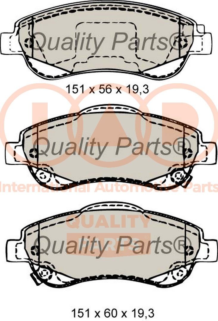 IAP QUALITY PARTS Front Axle Height 1: 57mm, Height 2: 60,4mm, Width 1: 151,1mm, Width 2 [mm]: 151,1mm, Thickness 1: 19mm, Thickness 2: 19mm Brake pads 704-06065 buy