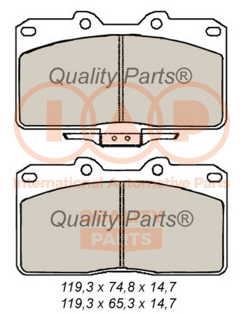 IAP QUALITY PARTS Front Axle Height 1: 78,8mm, Height 2: 65,3mm, Width 1: 119,3mm, Width 2 [mm]: 119,3mm, Thickness 1: 14,7mm, Thickness 2: 14,7mm Brake pads 704-12076 buy
