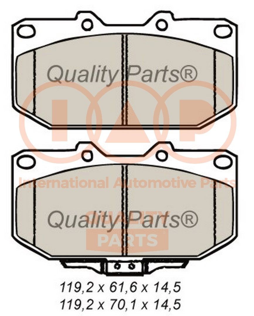 IAP QUALITY PARTS Front Axle Height 1: 61,6mm, Height 2: 70,1mm, Width 1: 119,2mm, Width 2 [mm]: 119,2mm, Thickness 1: 14,5mm, Thickness 2: 14,5mm Brake pads 704-13073 buy
