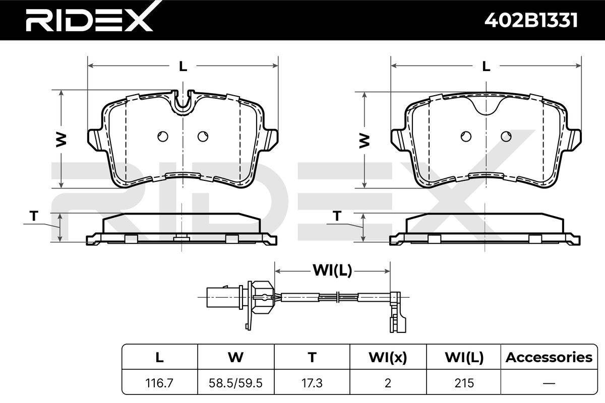 402B1331 Set of brake pads 402B1331 RIDEX Rear Axle, incl. wear warning contact, with brake caliper screws, with accessories