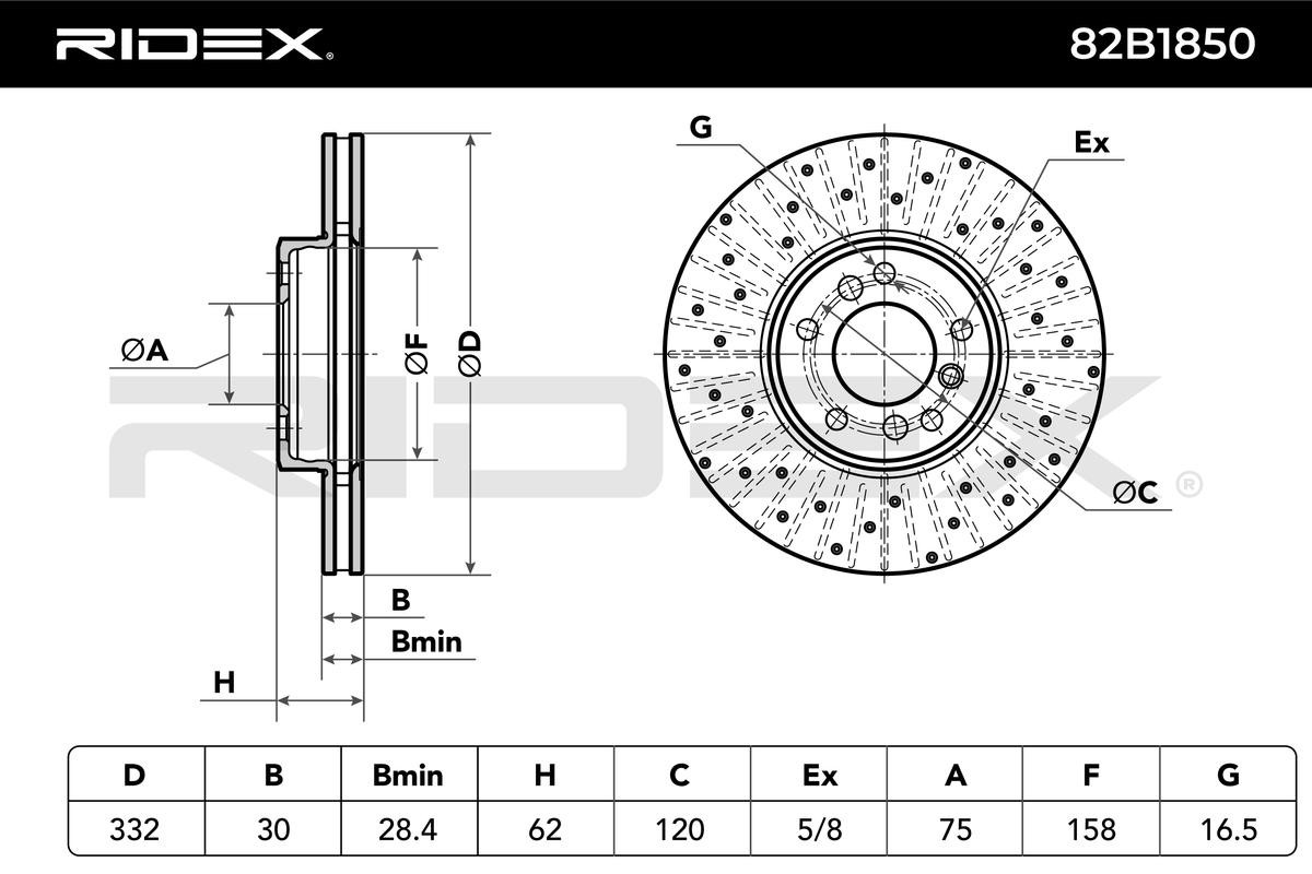 RIDEX Front Axle Right, Front Axle Left, 332,0x29,9mm, 5x120,0, perforated/vented Ø: 332,0mm, Num. of holes: 5, Brake Disc Thickness: 29,9mm Brake rotor 82B1850 buy