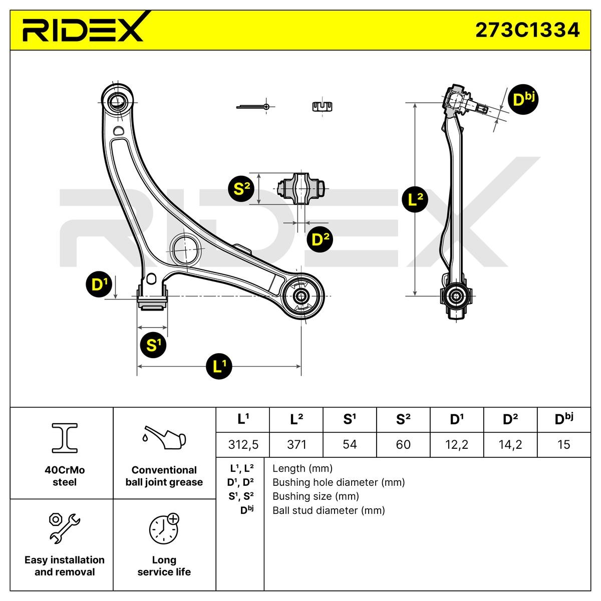 273C1334 Suspension wishbone arm 273C1334 RIDEX with ball joint, Front Axle Right, Lower, Control Arm, Aluminium, Cone Size: 15 mm