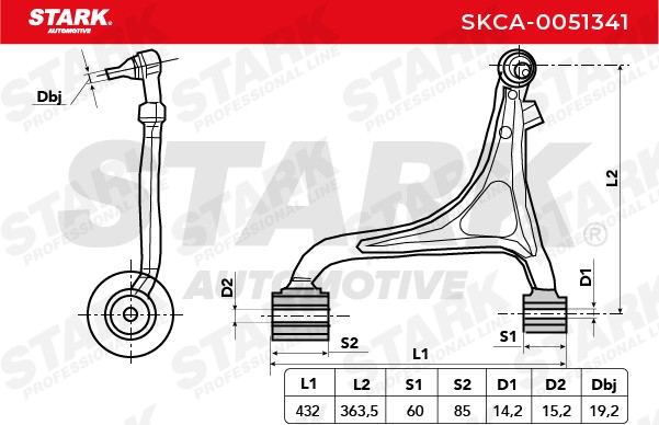 SKCA-0051341 Suspension wishbone arm SKCA-0051341 STARK with ball joint, with rubber mount, Front Axle, Right, Lower, Control Arm, Cast Steel, Cone Size: 16,2 mm