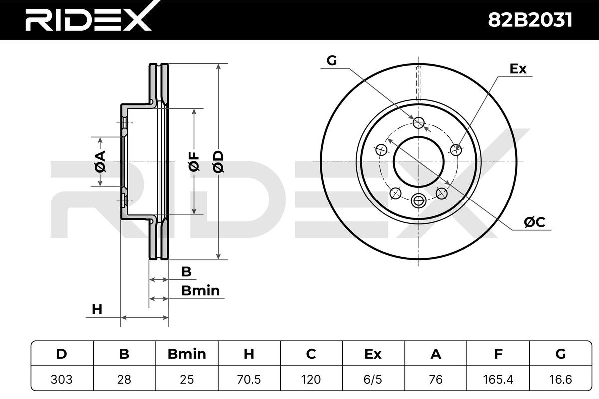 82B2031 Brake discs 82B2031 RIDEX Front Axle, 303x28mm, 6/5, 5x120, internally vented