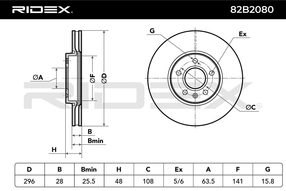 82B2080 Brake discs 82B2080 RIDEX Front Axle, 296x28mm, 05/06x108, internally vented