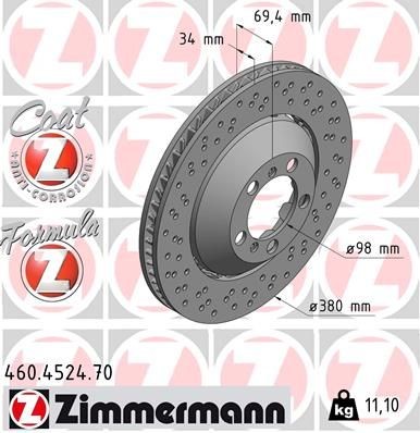 ZIMMERMANN 380x34mm, 7/5, 5x130, Vented, Perforated, two-part brake disc, Coated, Alloyed/High-carbon Ø: 380mm, Rim: 5-Hole, Brake Disc Thickness: 34mm Brake rotor 460.4524.70 buy