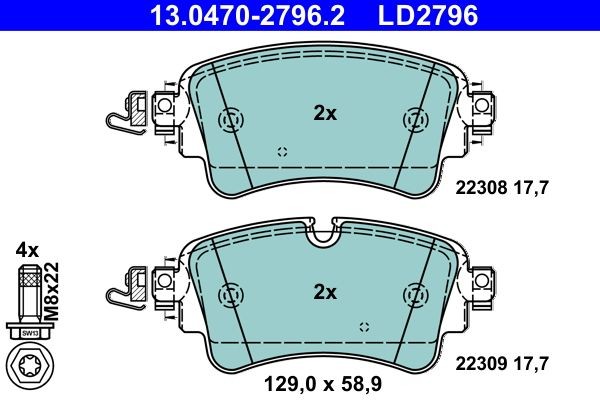 13.0470-2796.2 Set of brake pads 13.0470-2796.2 ATE prepared for wear indicator, excl. wear warning contact, with brake caliper screws
