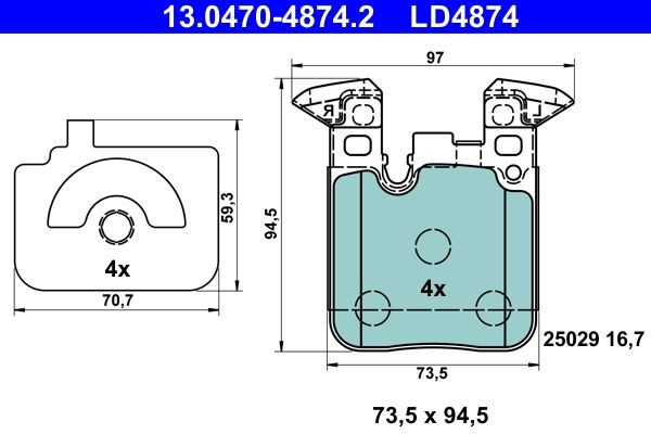 13.0470-4874.2 Set of brake pads LD4874 ATE prepared for wear indicator, excl. wear warning contact, with anti-squeak plate