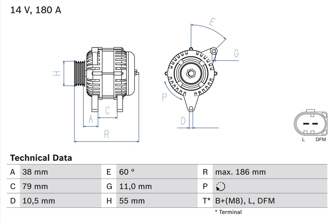 0 986 084 140 BOSCH Generator IVECO 14V, 180A, B+(M8),L,DFM, PL61, excl. vacuum pump, Ø 55 mm