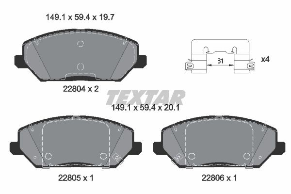 22804 TEXTAR with acoustic wear warning, with accessories Height: 59,4mm, Width: 149,1mm, Thickness 1: 19,7mm, Thickness 2: 20,1mm Brake pads 2280401 buy