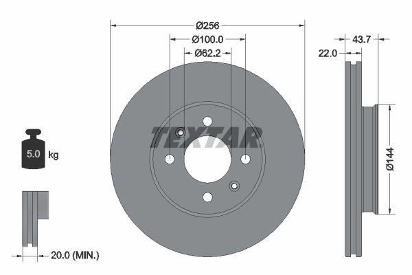92304603 TEXTAR Brake rotors HYUNDAI 256x22mm, 04/06x100, internally vented, Coated