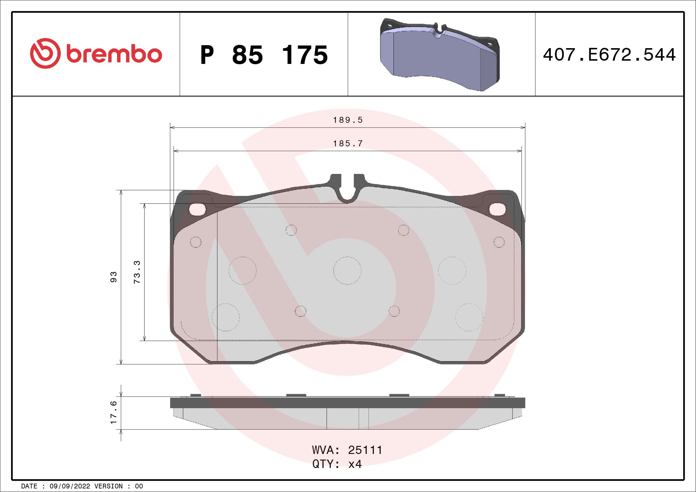 BREMBO P 85 175 Brake pad set prepared for wear indicator, without accessories