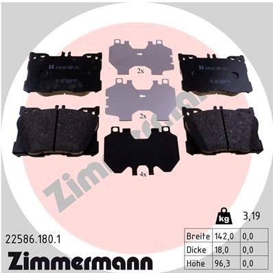 22586 ZIMMERMANN prepared for wear indicator, Photo corresponds to scope of supply Height: 96mm, Width: 142mm, Thickness: 18mm Brake pads 22586.180.1 buy