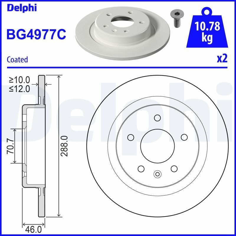 DELPHI 288x12mm, 5, solid, Coated, Untreated Ø: 288mm, Num. of holes: 5, Brake Disc Thickness: 12mm Brake rotor BG4977C buy