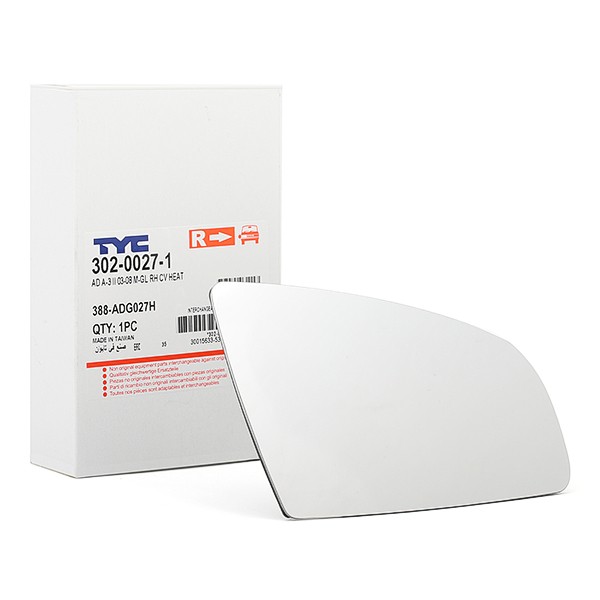 TYC 302-0027-1 Mirror Glass, outside mirror Right