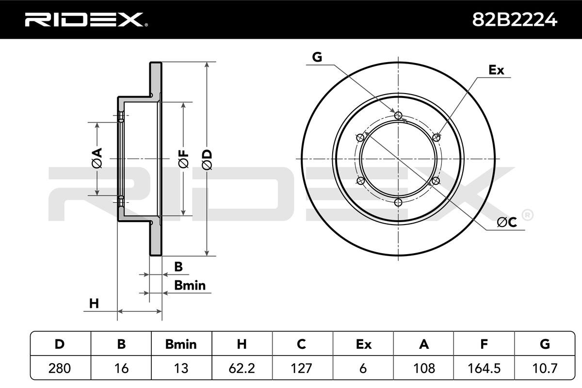RIDEX Rear Axle, 280x16mm, 6x127,0, solid Ø: 280mm, Num. of holes: 6, Brake Disc Thickness: 16mm Brake rotor 82B2224 buy