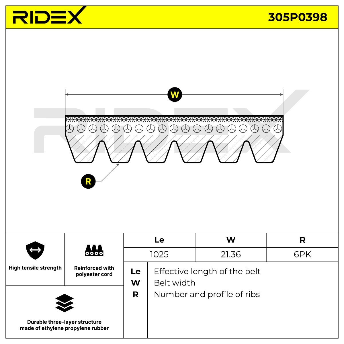 305P0398 Ribbed belt 305P0398 RIDEX 1025mm, 6, Polyester, EPDM (ethylene propylene diene Monomer (M-class) rubber)