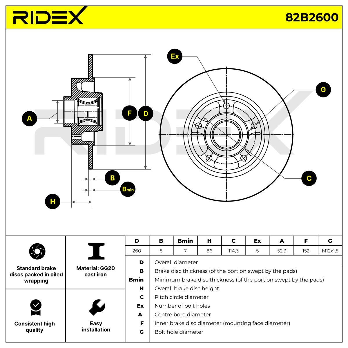 82B2600 Brake discs 82B2600 RIDEX Rear Axle, 260x8mm, 5x114,3, solid