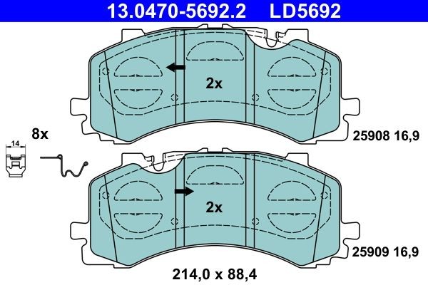 LD5691 ATE prepared for wear indicator, excl. wear warning contact, with accessories Height: 88,4mm, Width: 214,0mm, Thickness: 16,9mm Brake pads 13.0470-5692.2 buy
