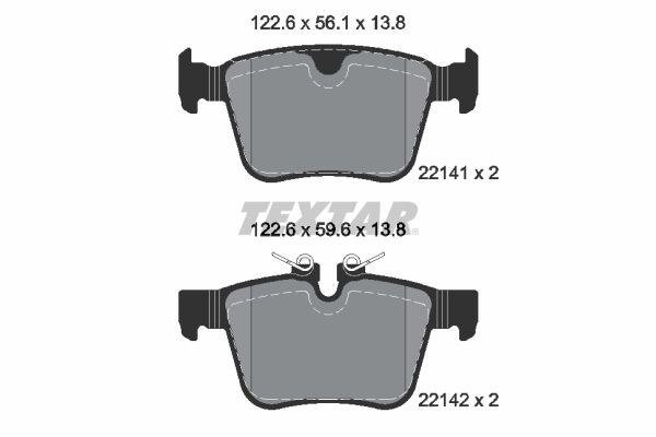 22141 TEXTAR prepared for wear indicator Height 1: 56,1mm, Height 2: 59,6mm, Width: 122,6mm, Thickness: 13,8mm Brake pads 2214103 buy