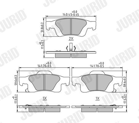 29198 JURID with acoustic wear warning, with piston clip, without accessories Height 1: 50,9mm, Height: 59,5mm, Width 1: 141,5mm, Width: 140,2mm, Thickness: 18,3mm Brake pads 573860J buy
