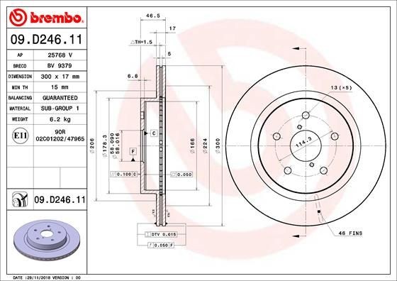 BREMBO 09.D246.11 Brake disc 300x17mm, 5, internally vented, Coated