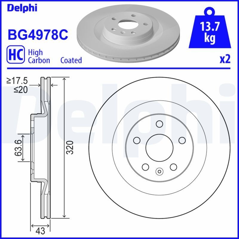 DELPHI BG4978C Brake disc 320x20mm, 5, Vented, Coated, High-carbon