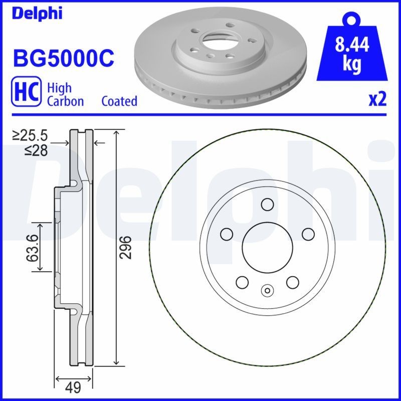 DELPHI BG5000C Brake disc 296x28mm, 5, Vented, Coated, High-carbon