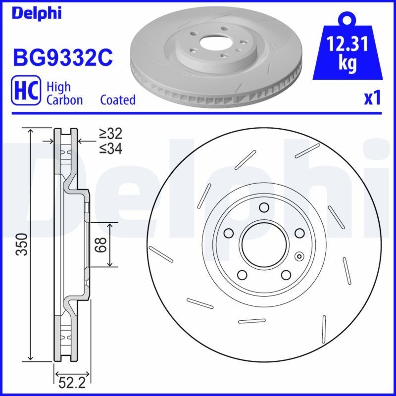 DELPHI BG9332C Brake disc 350x34mm, 5, Vented, slotted/perforated, Coated, High-carbon