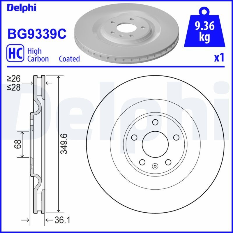 DELPHI BG9339C Brake disc 350x28mm, 5, Vented, Coated, High-carbon