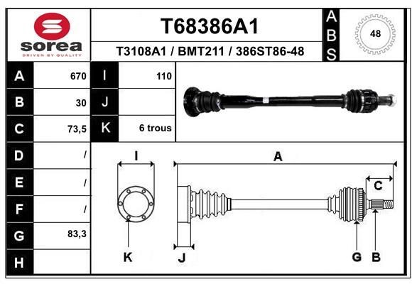 T3108A1 EAI 670mm, 83mm Length: 670mm, External Toothing wheel side: 30, Number of Teeth, ABS ring: 48 Driveshaft T68386A1 buy