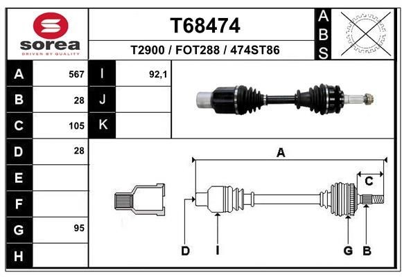 T2900 EAI 567mm, 95mm Length: 567mm, External Toothing wheel side: 28 Driveshaft T68474 buy