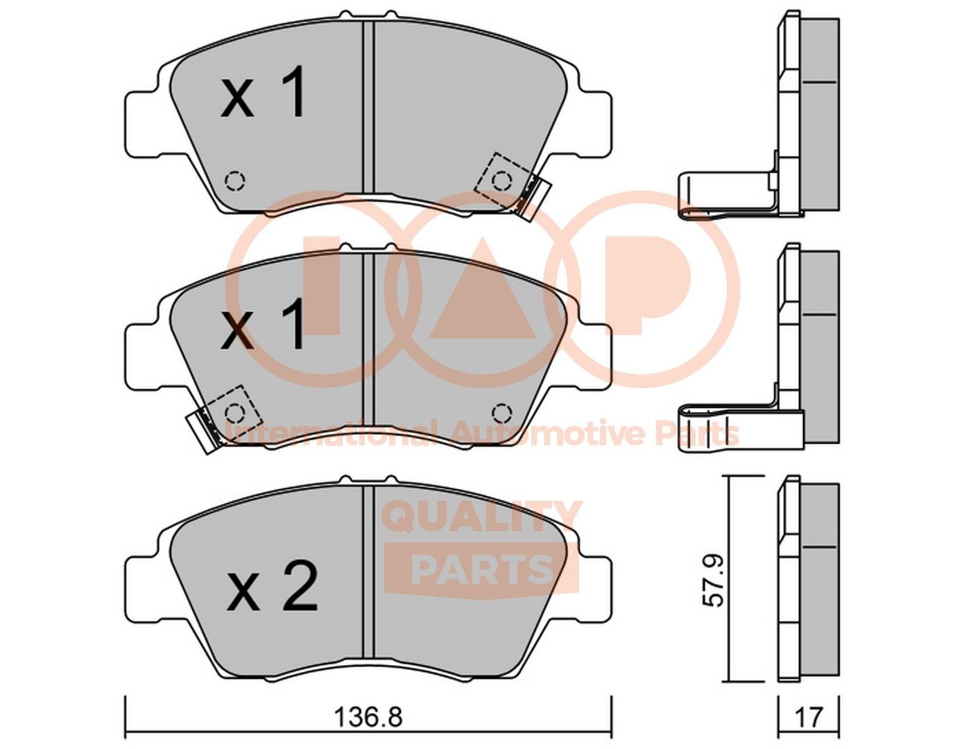 IAP QUALITY PARTS Front Axle Height 1: 57,9mm, Width 1: 136,8mm, Thickness 1: 17mm Brake pads 704-06017P buy