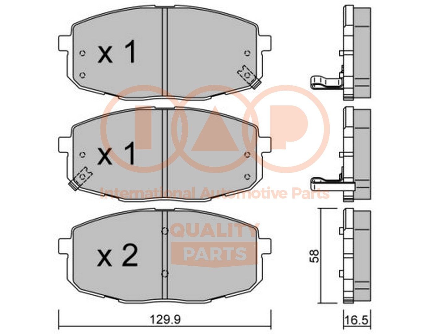 IAP QUALITY PARTS Front Axle Height 1: 58mm, Width 1: 129,9mm, Thickness 1: 16,5mm Brake pads 704-21100P buy