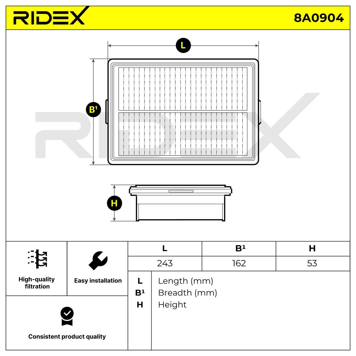 OEM-quality RIDEX 8A0904 Engine filter