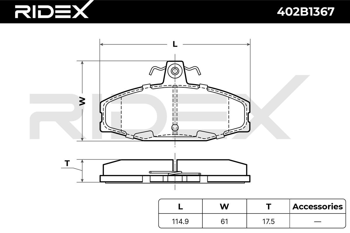 402B1367 Set of brake pads 402B1367 RIDEX Front Axle, excl. wear warning contact, with anti-squeak plate, with spring