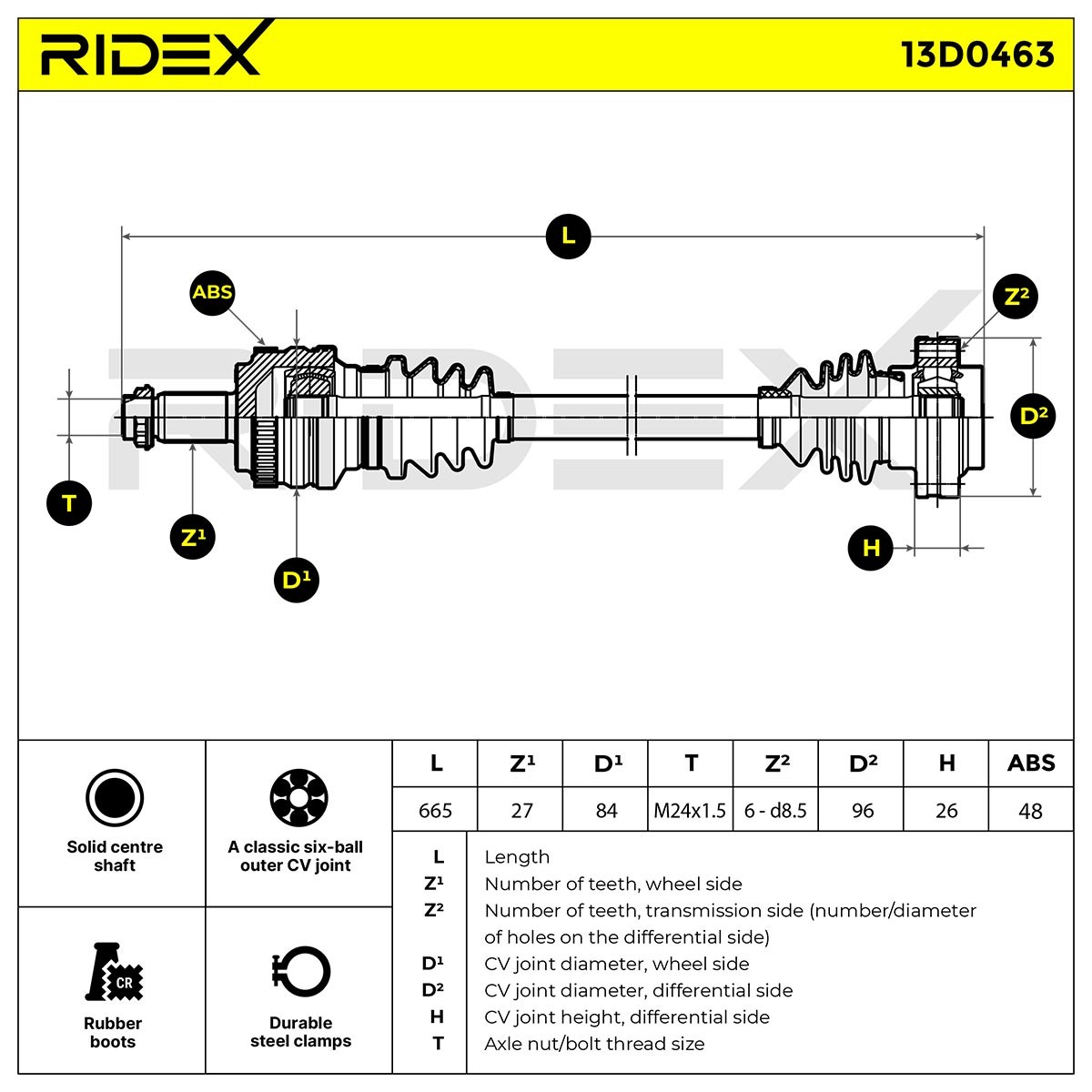 13D0463 CV shaft 13D0463 RIDEX 665mm